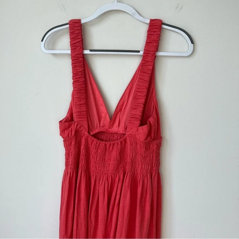 Abercrombie Scrunchie Strap Plunge Linen Maxi Dress Salmon Pink